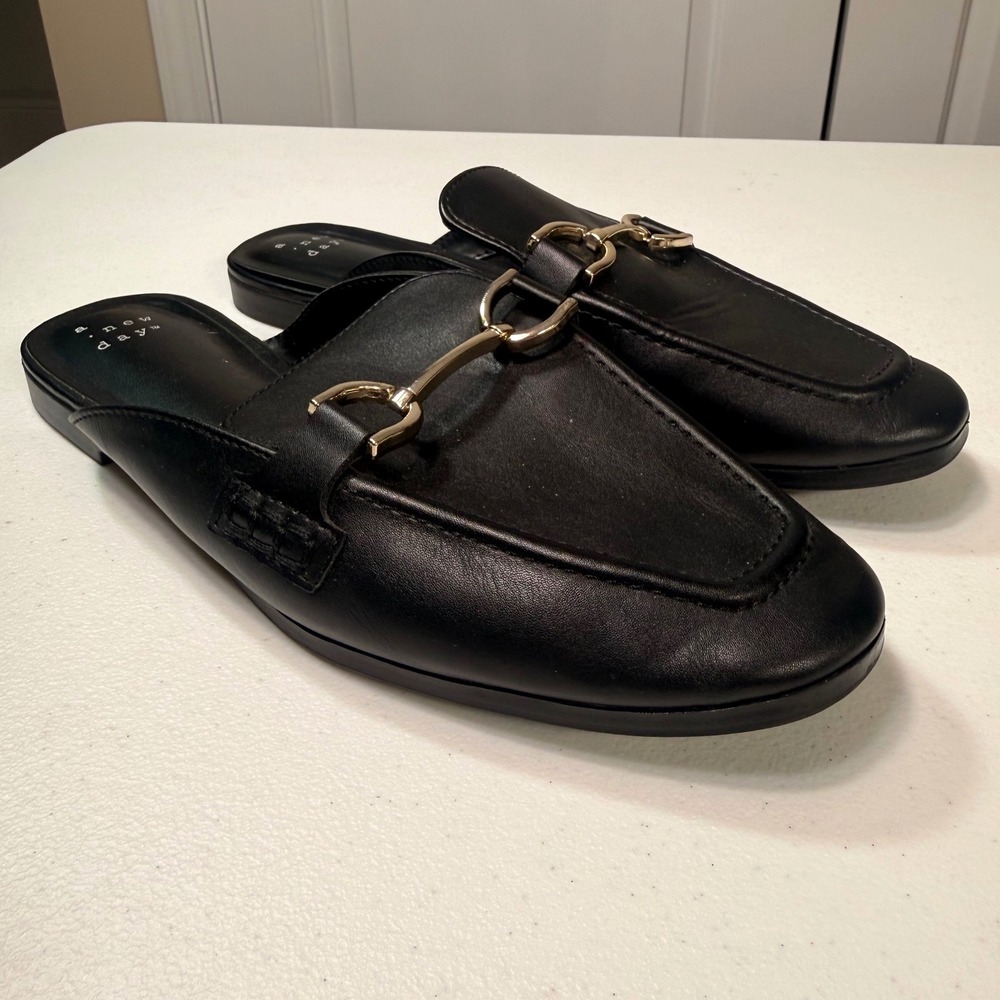 A New Day Black Horsebit Mules Faux Leather Slip On Loafer Flats Size 7.5